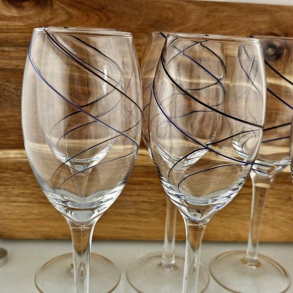 6) Fused Glass Swirl Delicate Double Line Champagne Flutes 8" Glasses blue black - Picture 7 of 11